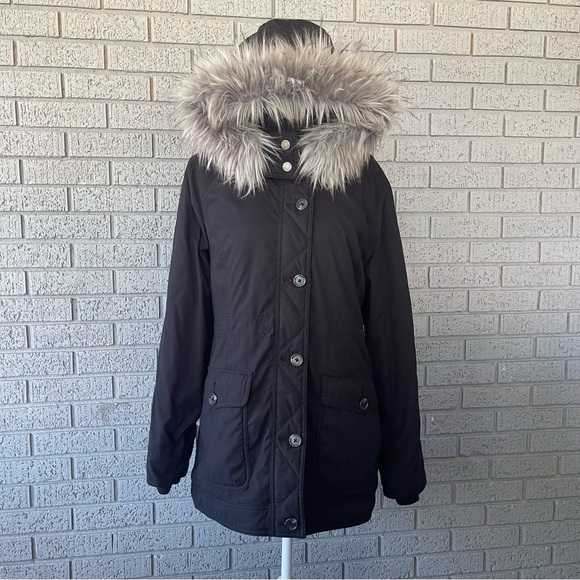 Hollister Fur Parka Jacket Winter Coat Black Size Large - Picture 1 of 8